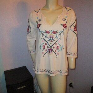 Soft Surroundings MIMOSA Blouse Size XS TOP Oversized EMBROIDERED V-Neck 3/4